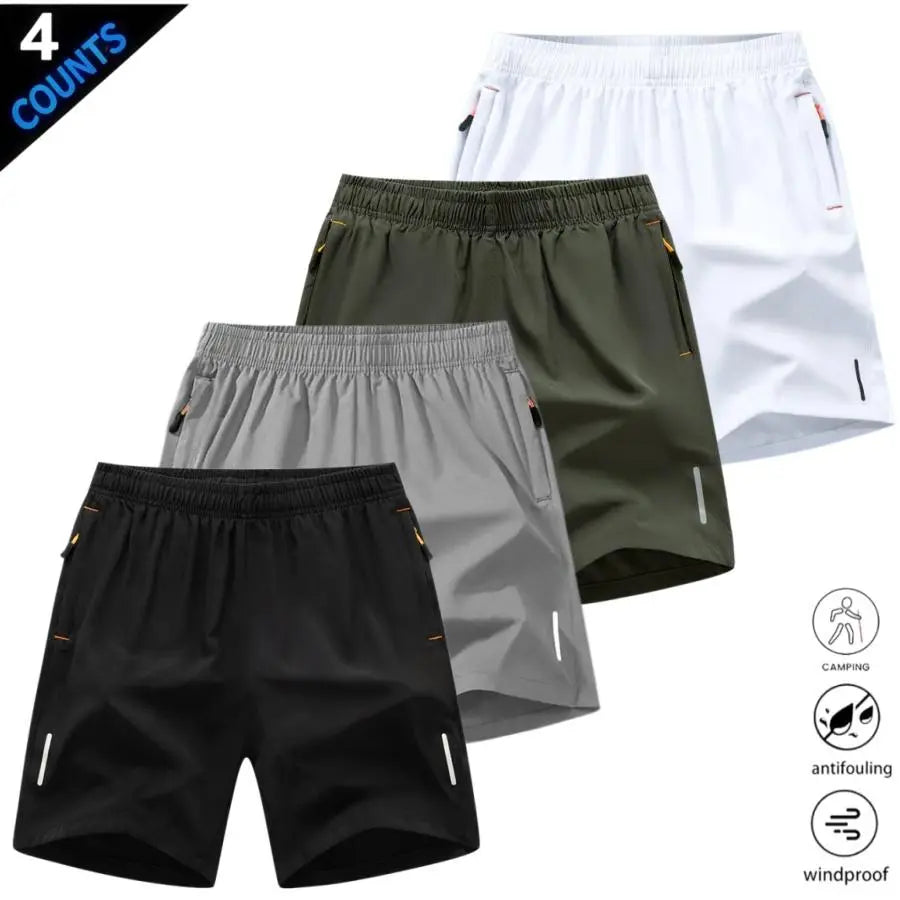 Men’S Quick-Dry Athletic Shorts Featuring Four Reflective Stripes, Zipper Closure, and Drawstring Waist; Side Zip Pockets Paired with Orange Interior Details Enhance Practicality and Visual Contrast. Side Reflective Stripes Improve Nighttime Visibility An