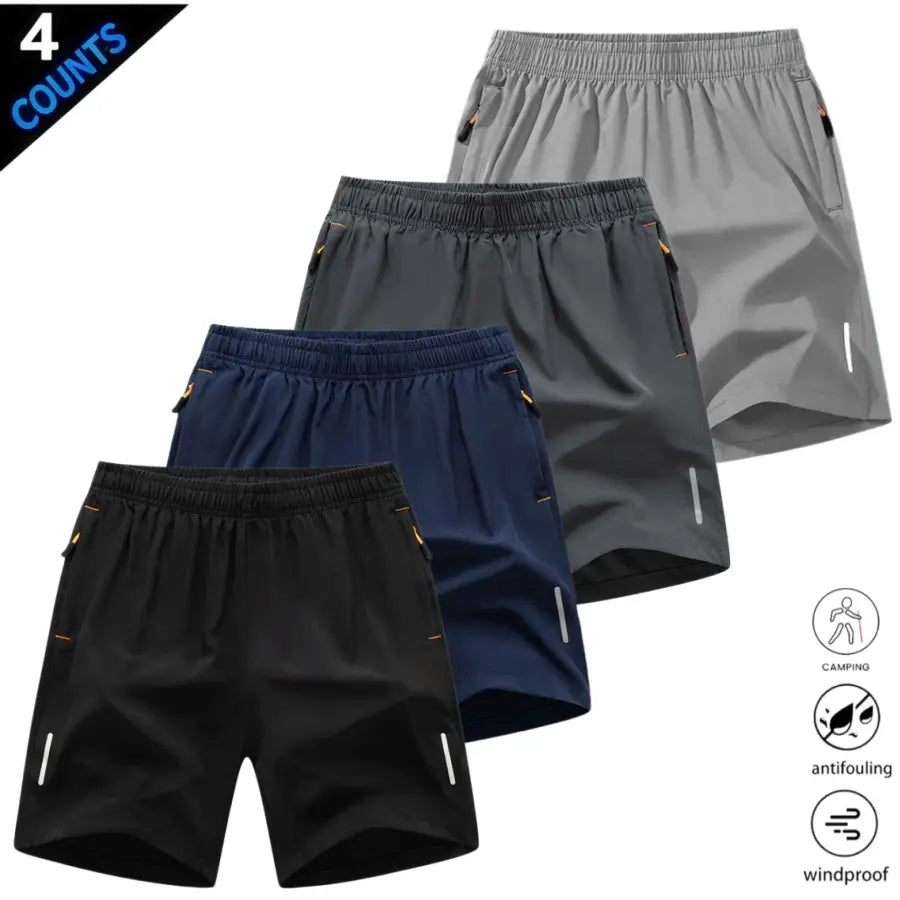 Men’S Quick-Dry Athletic Shorts Featuring Four Reflective Stripes, Zipper Closure, and Drawstring Waist; Side Zip Pockets Paired with Orange Interior Details Enhance Practicality and Visual Contrast. Side Reflective Stripes Improve Nighttime Visibility An